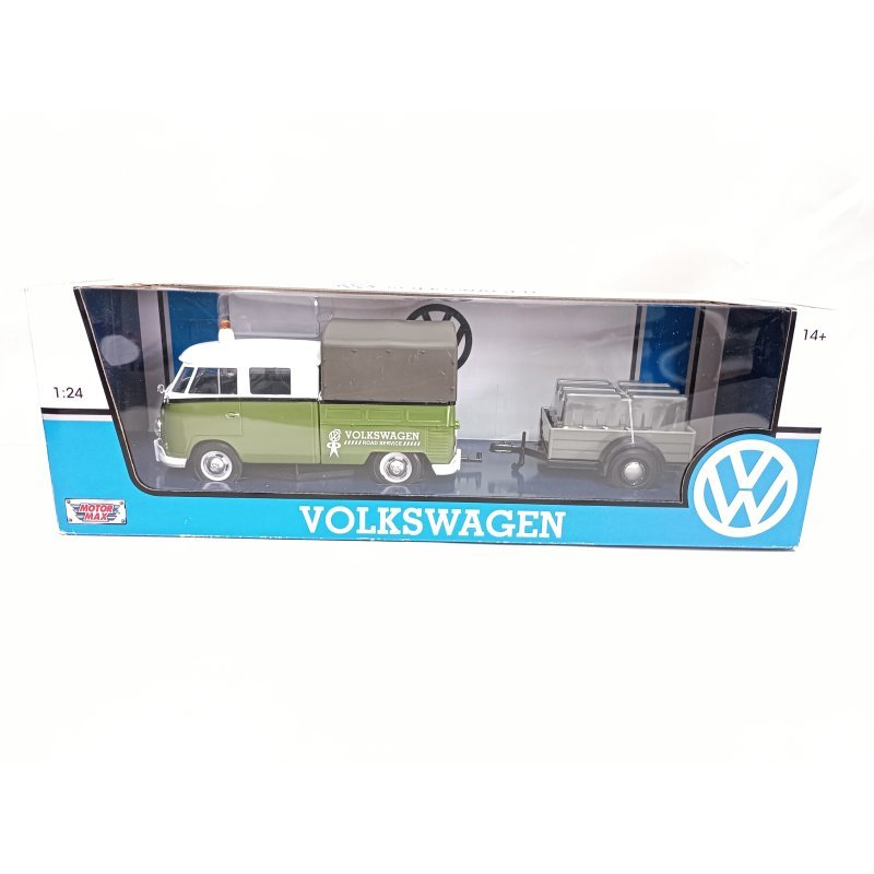 VW T1 Verde E Bianco Con Rimorchio – Modello In Metallo 1:24 – Motormax – Nuovo In Scatola